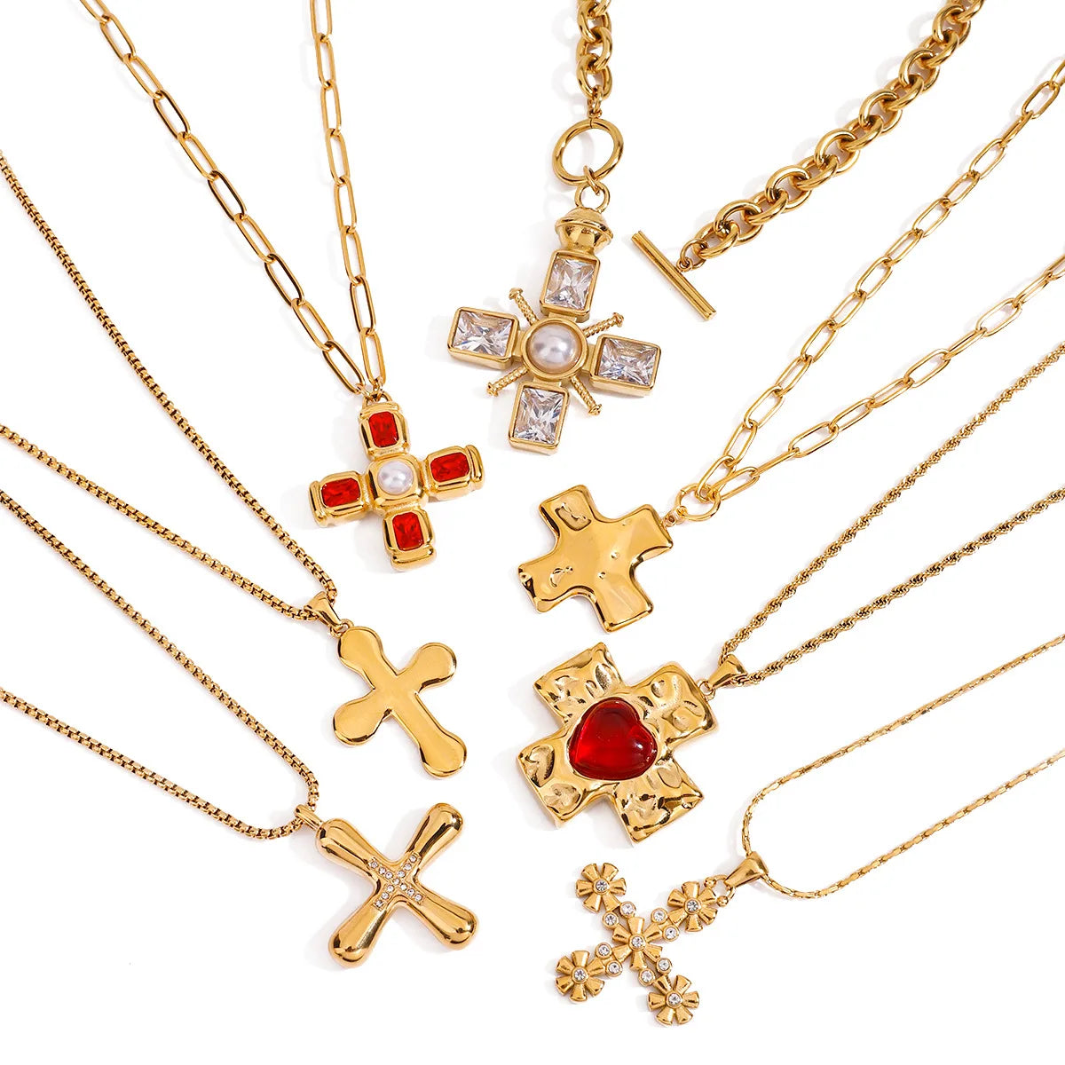 MC190 Wholesale Gold Plated Stainless Steel Cubic Zirconia Cross Pendant Necklace Clavicle Chain Fashion Pendant Necklaces
