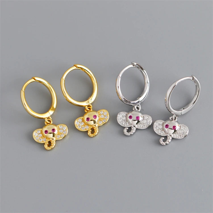 Fashion 18k Gold CZ Diamond 925 Sterling Silver Elephant Animal Drop Earrings for Women