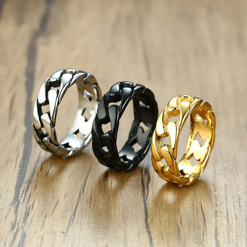 Wholesale Custom Gold Plated Stainless Steel Curb Chain Style Glossy Polished Tarnish Resistant Waterproof Finger Ring for Men