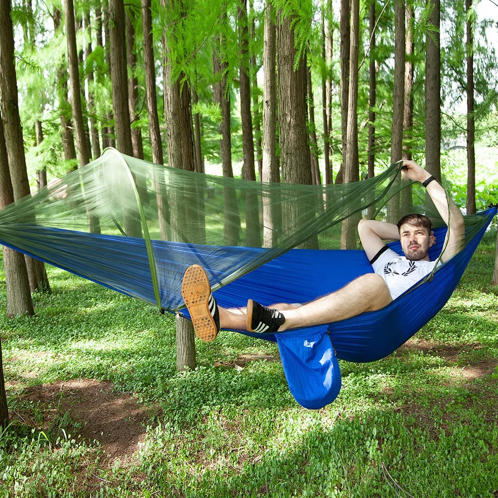 Classic Blue Lightweight Outdoor Furniture High-Density Fabric Hammock with Mosquito Net for Camping & Backpacking