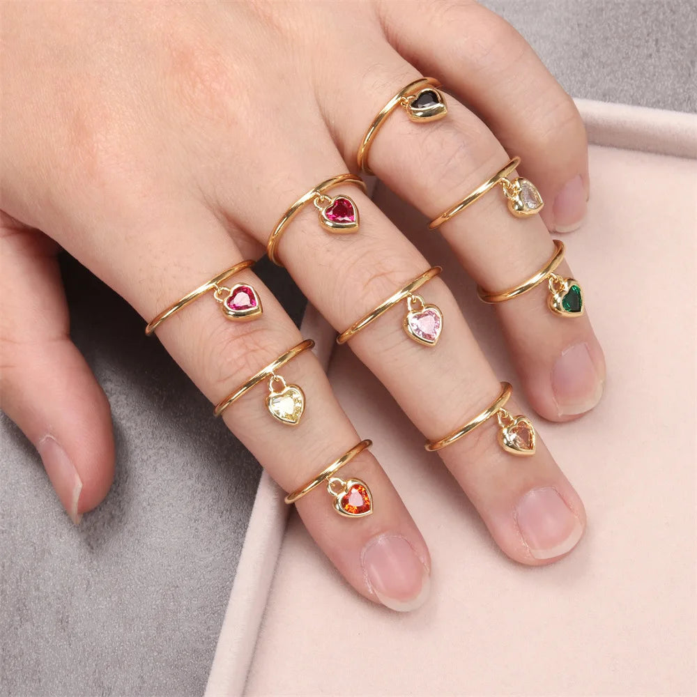 Zooying Exquisite Jewelry Design Fine Jewelry Multiple Colors Crystal Rhinestone Peach Heart Pendant Adjustable Opening Ring