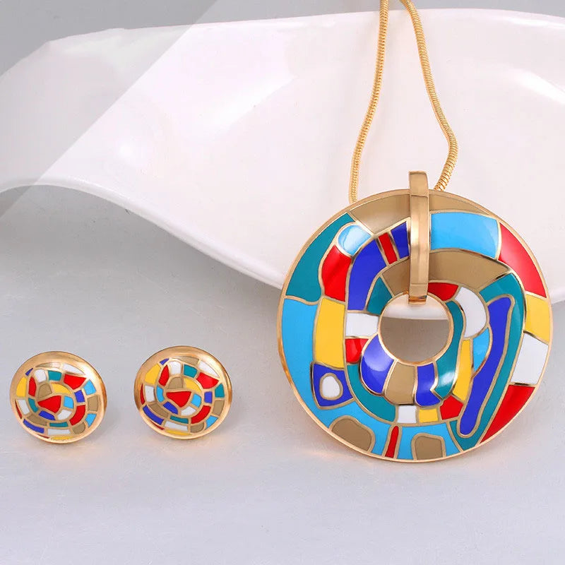 DAIHE Dubai Fashion Colored Painted Gold Plated Enamel Necklace Earrings Jewelry Set