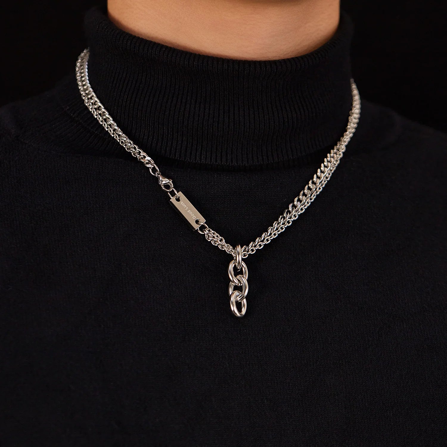 New Simple Double Layer Stainless Steel Silver Plated Link Chain Necklace Men Punk Jewelry Titanium Steel Necklace Gift