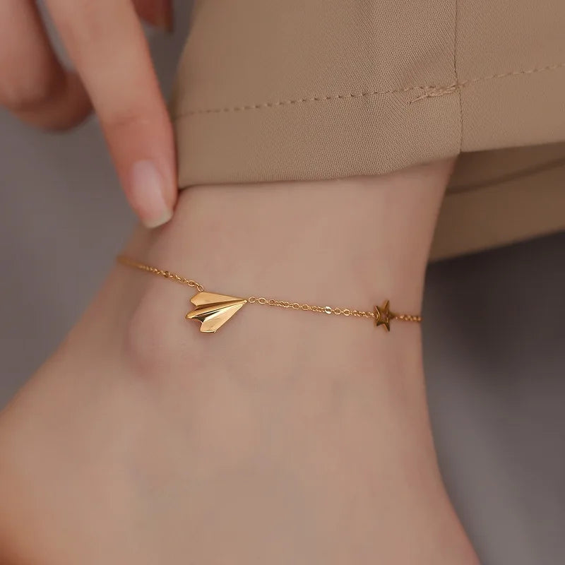 Stainless Steel Airplane Star Fashion Jewelry Women Link Chain Anklet Bracelets for Women Jewelry