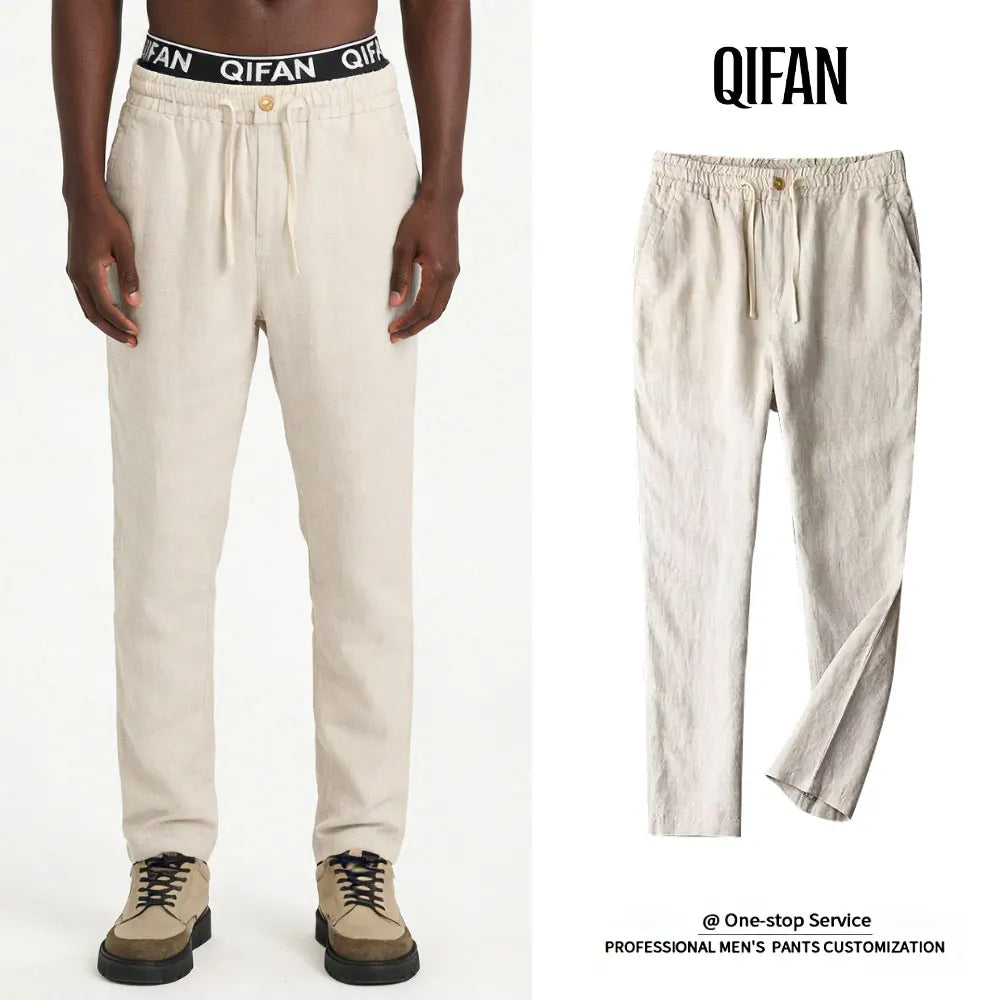 Customized Mens Casual Linen Pants Slim Solid Color Lightweight Elasticated Waist Linen Trousers