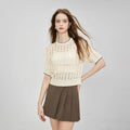 Women's Three Quarter Sleeve Breathable Hollow Knit Top Dazzling Ribbed Net Sweater Knitwear