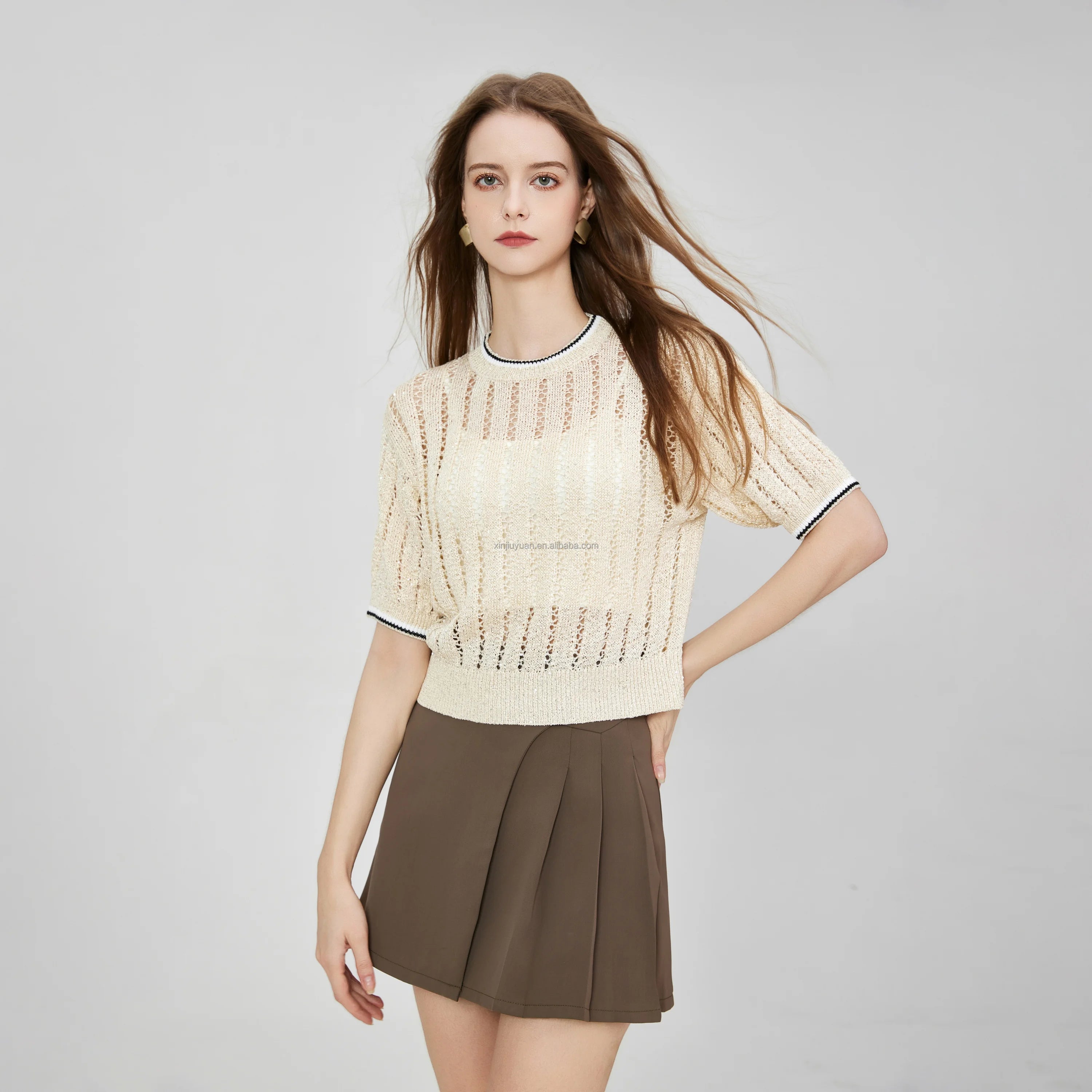 Women's Three Quarter Sleeve Breathable Hollow Knit Top Dazzling Ribbed Net Sweater Knitwear