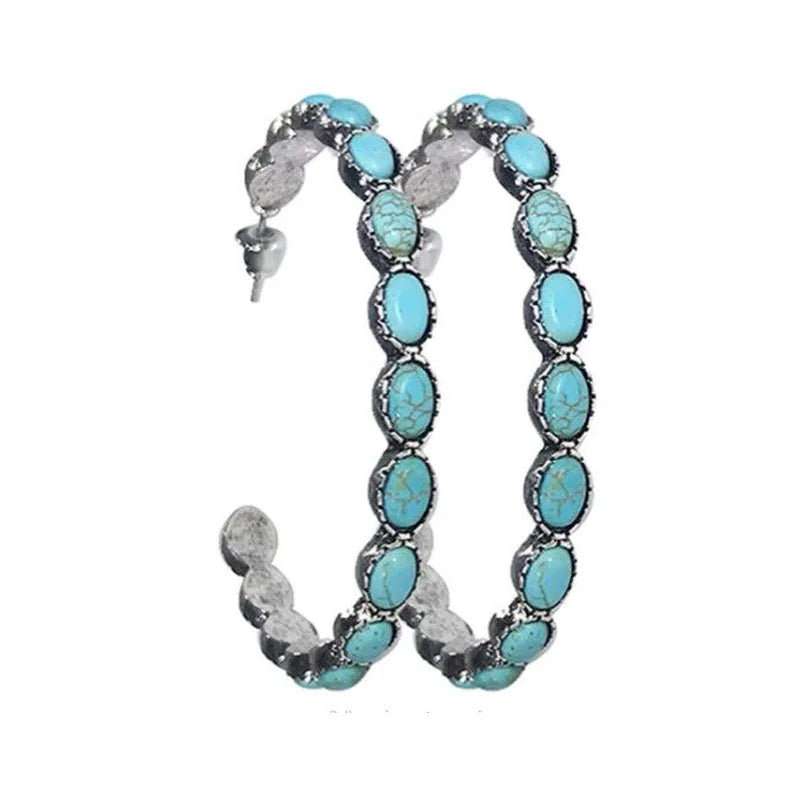 C Shape Turquoise Dangle Metal Large Oval Earrings Vintage Statement Teardrop Earrings Bohemian Delicate Cowgirl Hoop Earrings