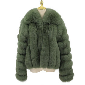 QC23013 New Arrival Breathable Casual Fox Fur V-neck Collared Women's Coat