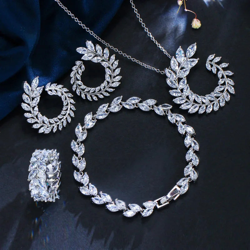 4 Pieces New Fashion Leaf Shape Bridal CZ Drop Earrings Necklace Bracelet and Ring Set Jewelry for Women Accessories