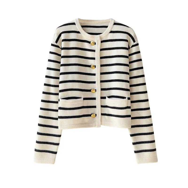 Boutique Wholesale 2026 Autumn New Striped Round Neck Knitted Loose Short Women's Sweater