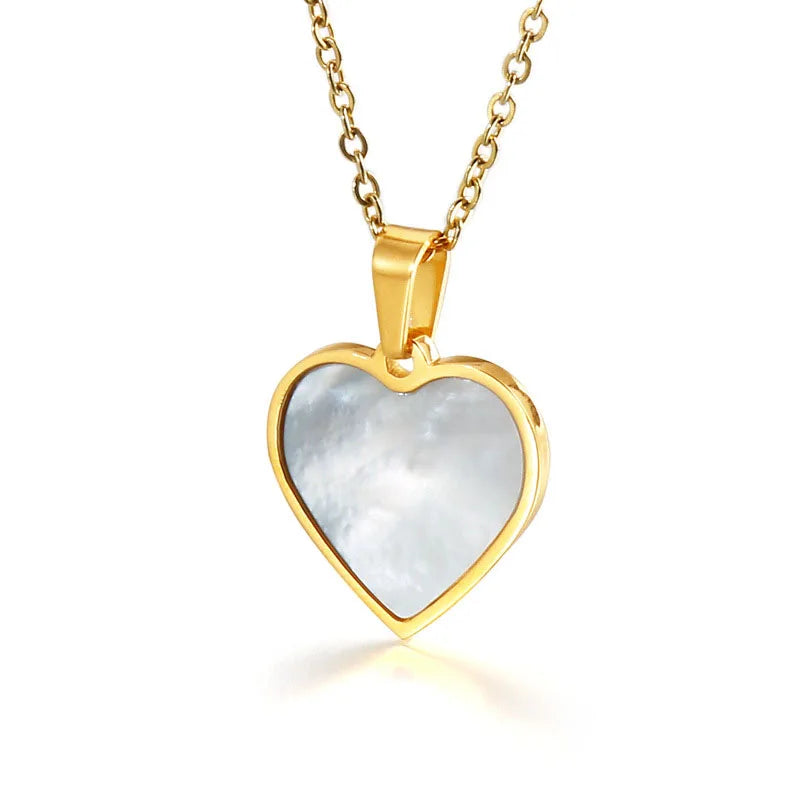 Retro Mother's of Pearl Shell Necklace 18K Gold Plated Stainless Steel Love Heart Pendant Necklace for Women