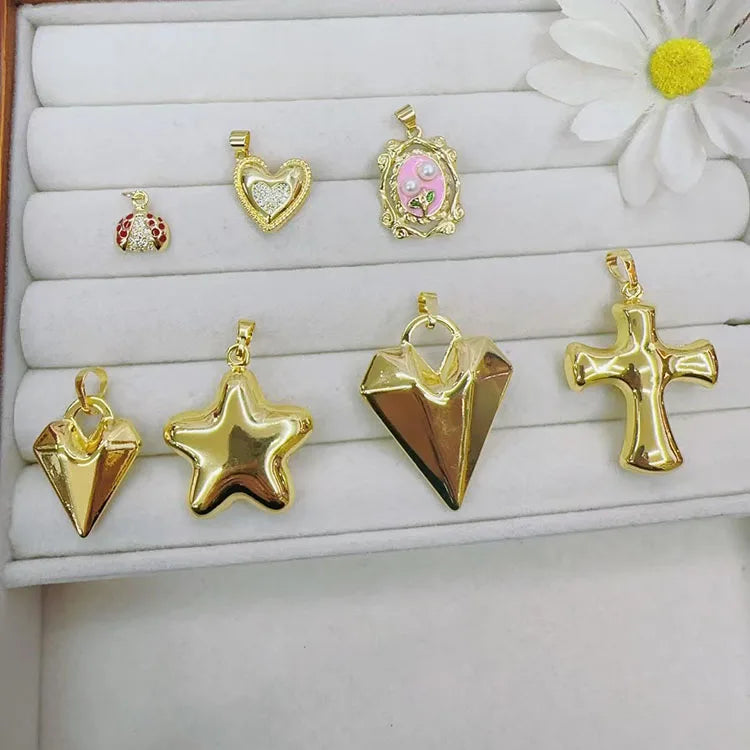JS1901 Fashion Dainty Jewelry Supplies 18K Gold Silver Plated 3D Bubble Bulgy Puffy Puffed Puff Heart Star Cross Charm Pendants