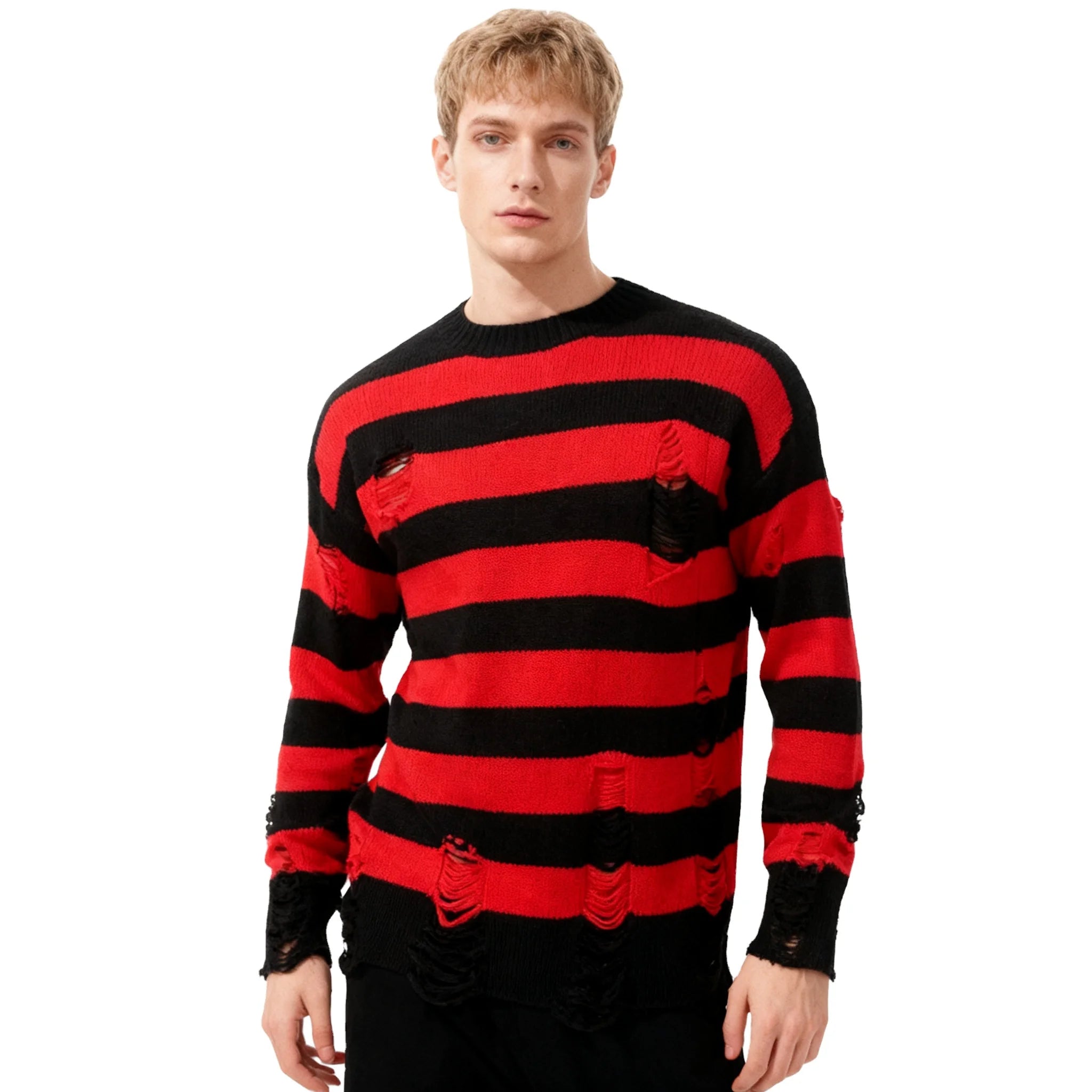 Black Red Striped Oversized Crew Neck Sweater for Men Women Washed Destroyed Ripped Knit Jumpers Hole Harajuku Style for Spring