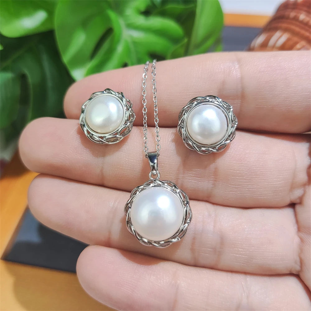 Genuine Freshwater Pearl Necklace Earrings Set White Bread Pearl Charm Adjustable Rings Bohemian for Parties Engagements Women's