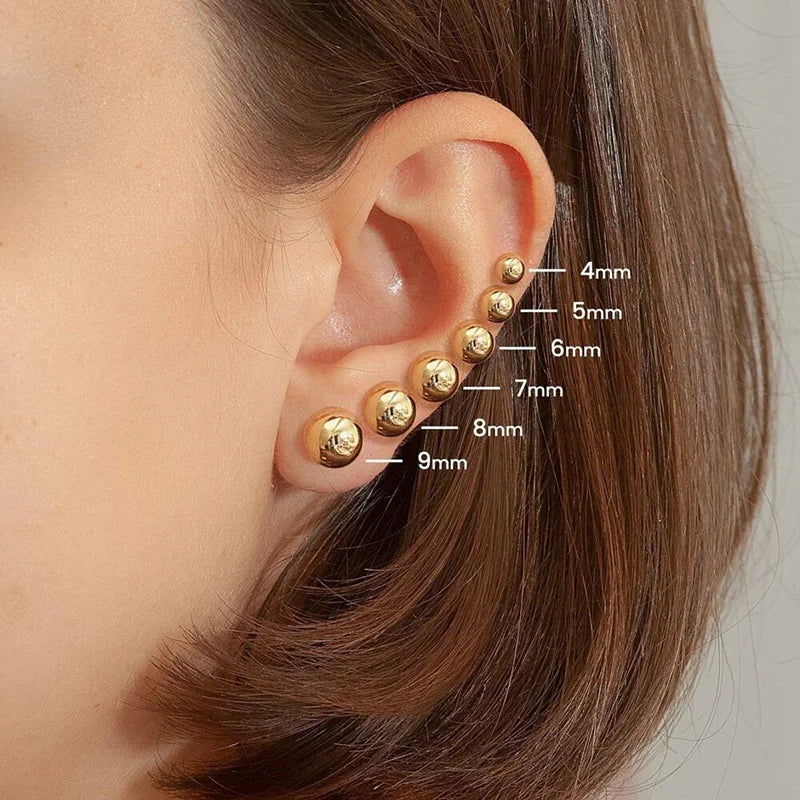 Classic AU585 Women Jewelry 4 5 6 7 8 3mm Round Bead Ball 14K Real Gold Stud Gold Earrings for Girls