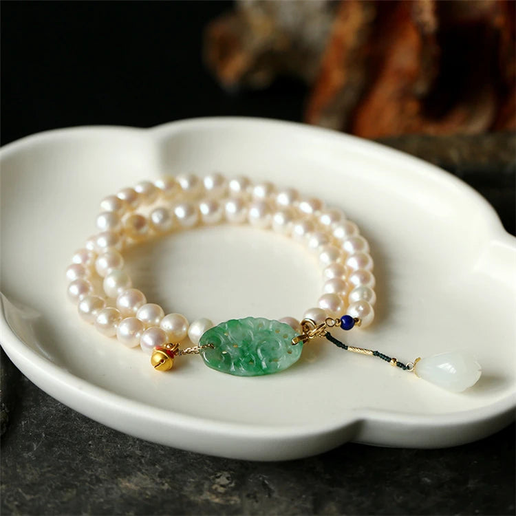 Aimgal Original Handmade 18K Gold Plated Necklace and Bracelet Freshwater Pearl Jade Carving Dual-Use Fine Jewelry Wholesale