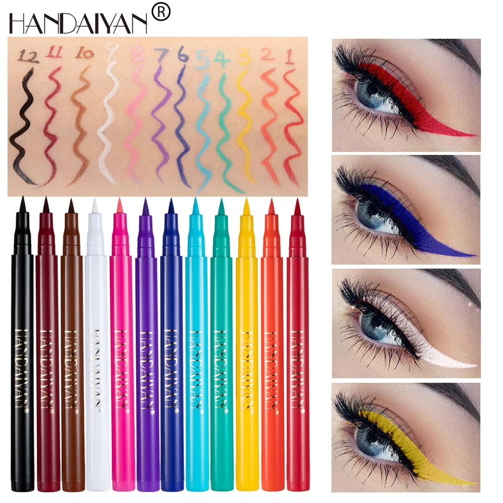 Handaiyan Eyeliner 12 Color Waterproof Eyeliner Pen Rainbow Holiday Makeup Waterproof Cosmetic Eye Liner