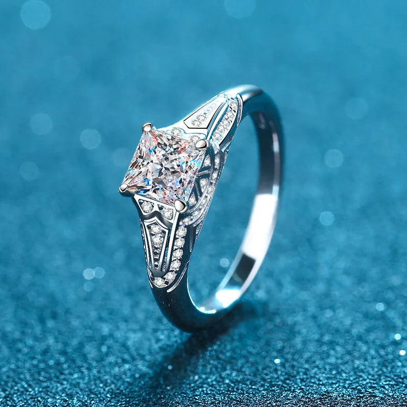Silver 925 Original Excellent Princess Cut 2 Ct Diamond Test Past D Color Moissanite Ring Brilliant Square Gemstone Jewelry
