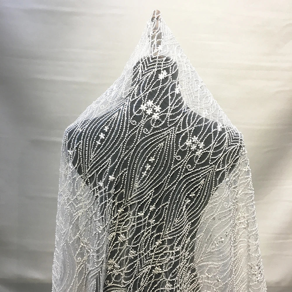 White Bridal Lace Fabric Latest Embroidered Tulle French Mesh Lace With Sequins Fabric for Wedding Dress