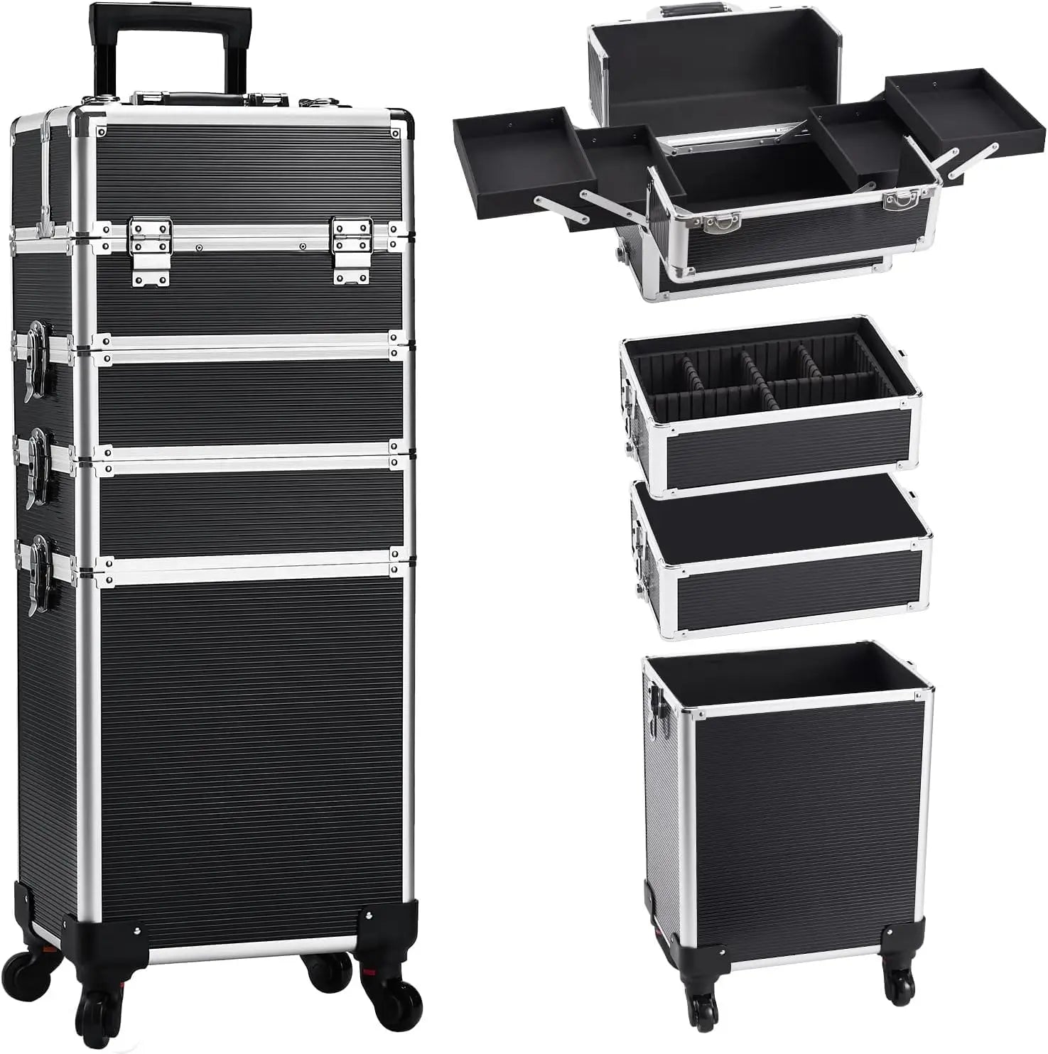 Professional Portable 4-in-1 High Capacity Rolling Makeup Case Open Closure Traveling Artists Cosmetics Suitcase for Cosmetics