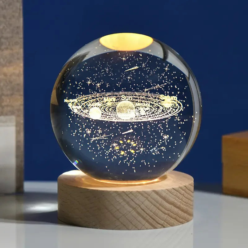 Custom 3D Laser Engraved K9 Crystal Clear Glass Ball Animal Print TV/Movie Character Design Wooden LED Base for Home