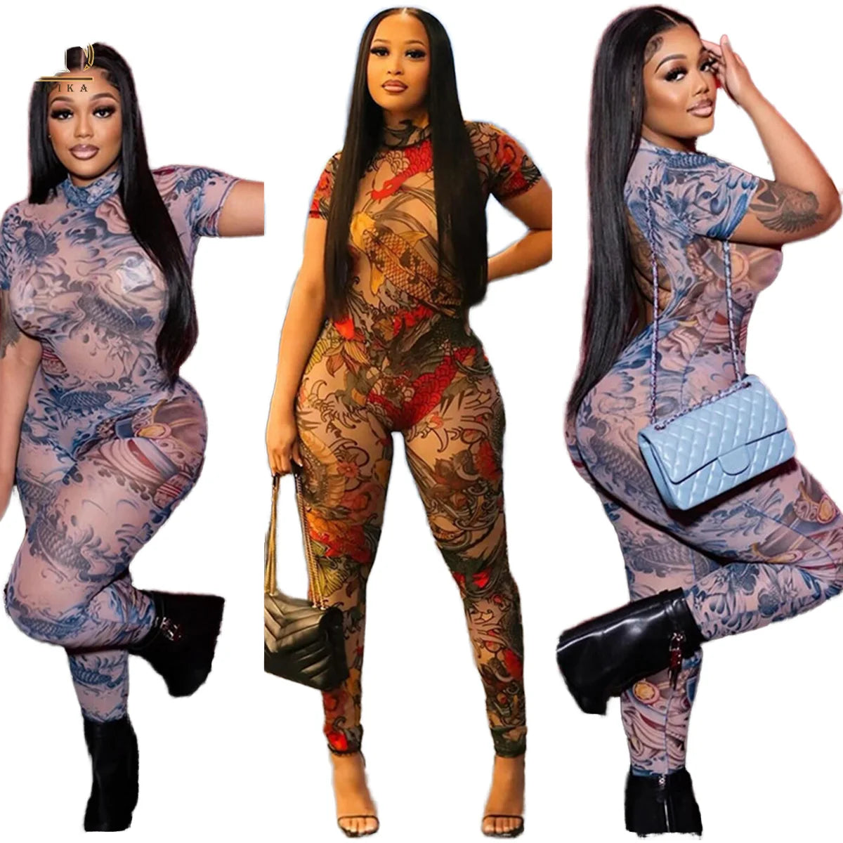 Backless Dragon Print Short Sleeve Stretchy Streetwear Bodycon One Piece Mesh Women's Jumpsuits