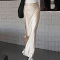 Enyami High Waist Long Flared Satin Silk Maxi Slit Skirt Elastic Waistband Maxi Long Satin Slit Skirts for Women