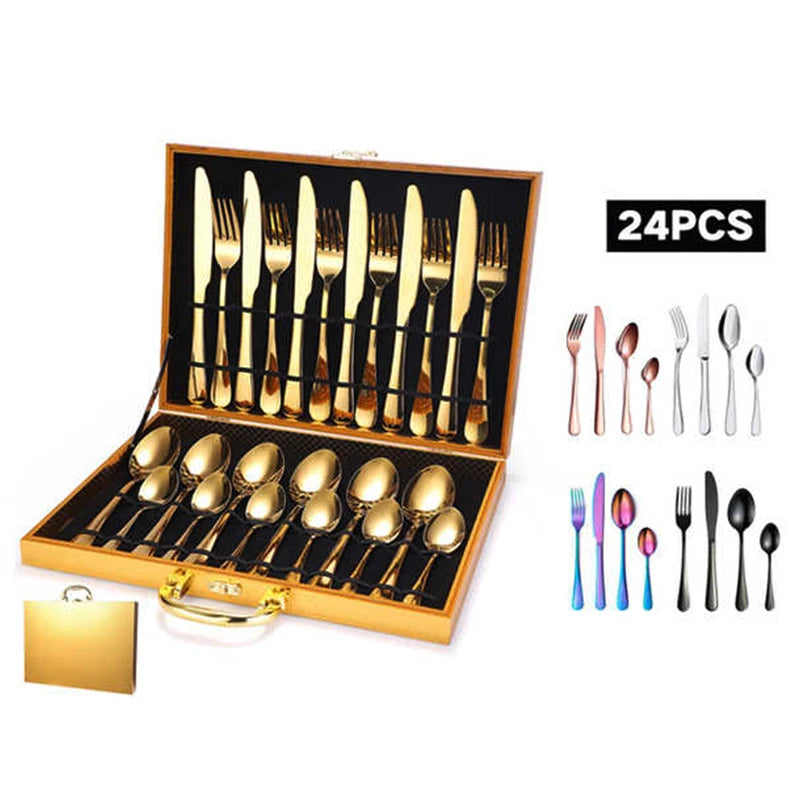 Hot Sale Classic 24 Piece Gold Restaurant Stainless Steel 24pcs Cutlery Set with Box Packing