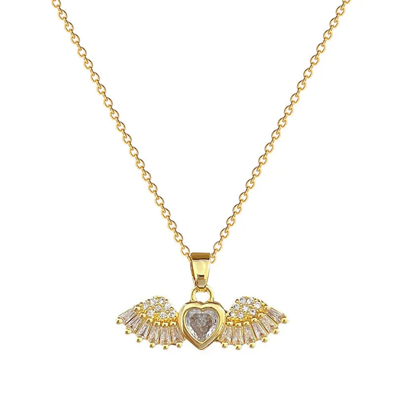 Hot Sale Love Heart Choker Bling Cubic Zircon Stainless Steel Angel Wing Necklace