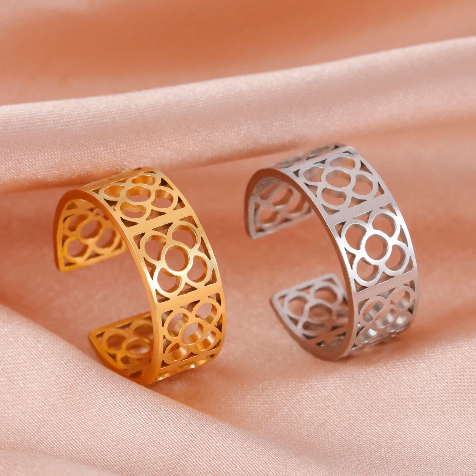 Myshape Barcelona Flower Square Ring Women Adjustable Stainless Steel Gold Color Aesthetic Rings Fashion Wedding Jewelry Gift