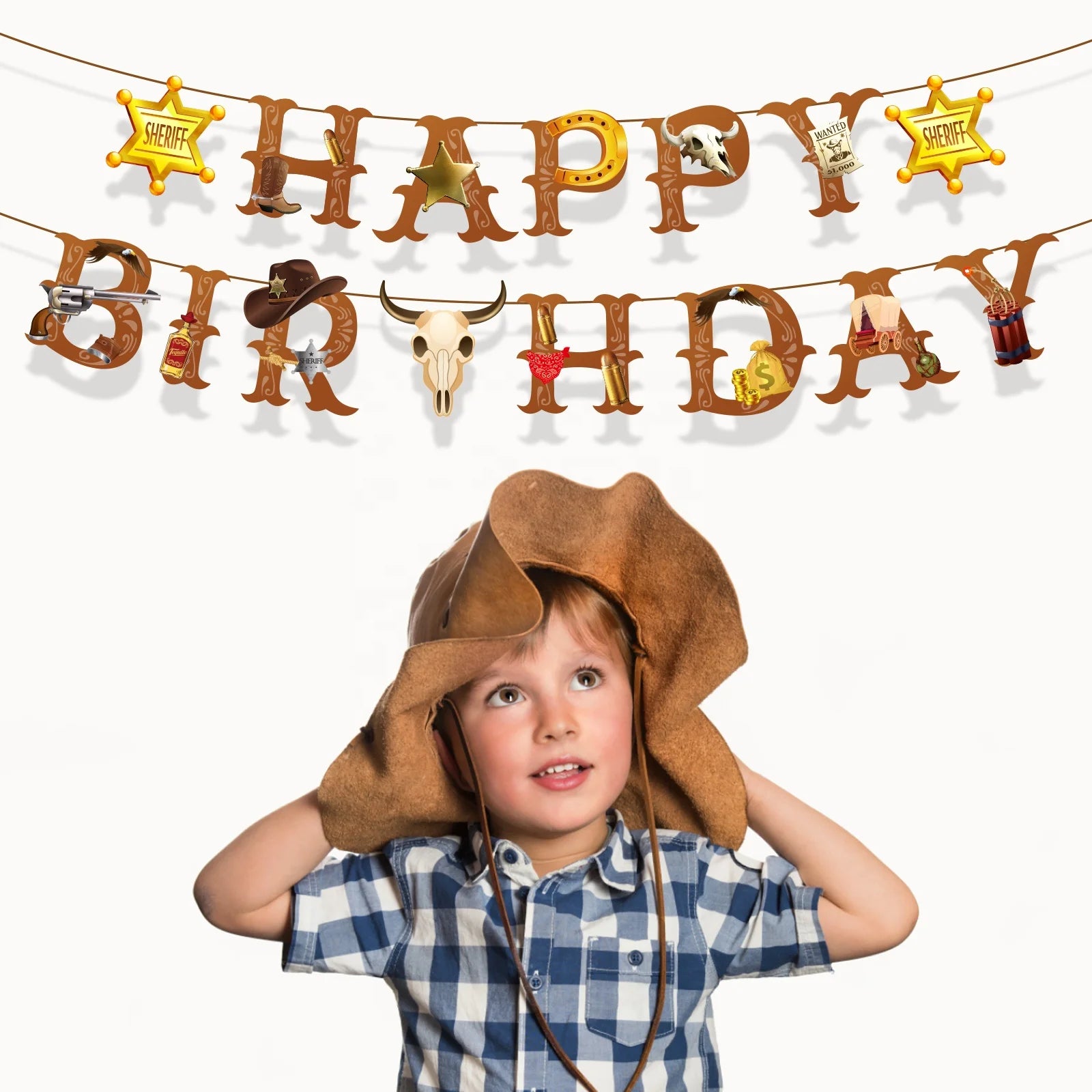 Huancai Wild Cowboy Banner Happy Birthday Banner Flag Bunting for Western Party Supplies for Boy Kids Birthday Party Decorations
