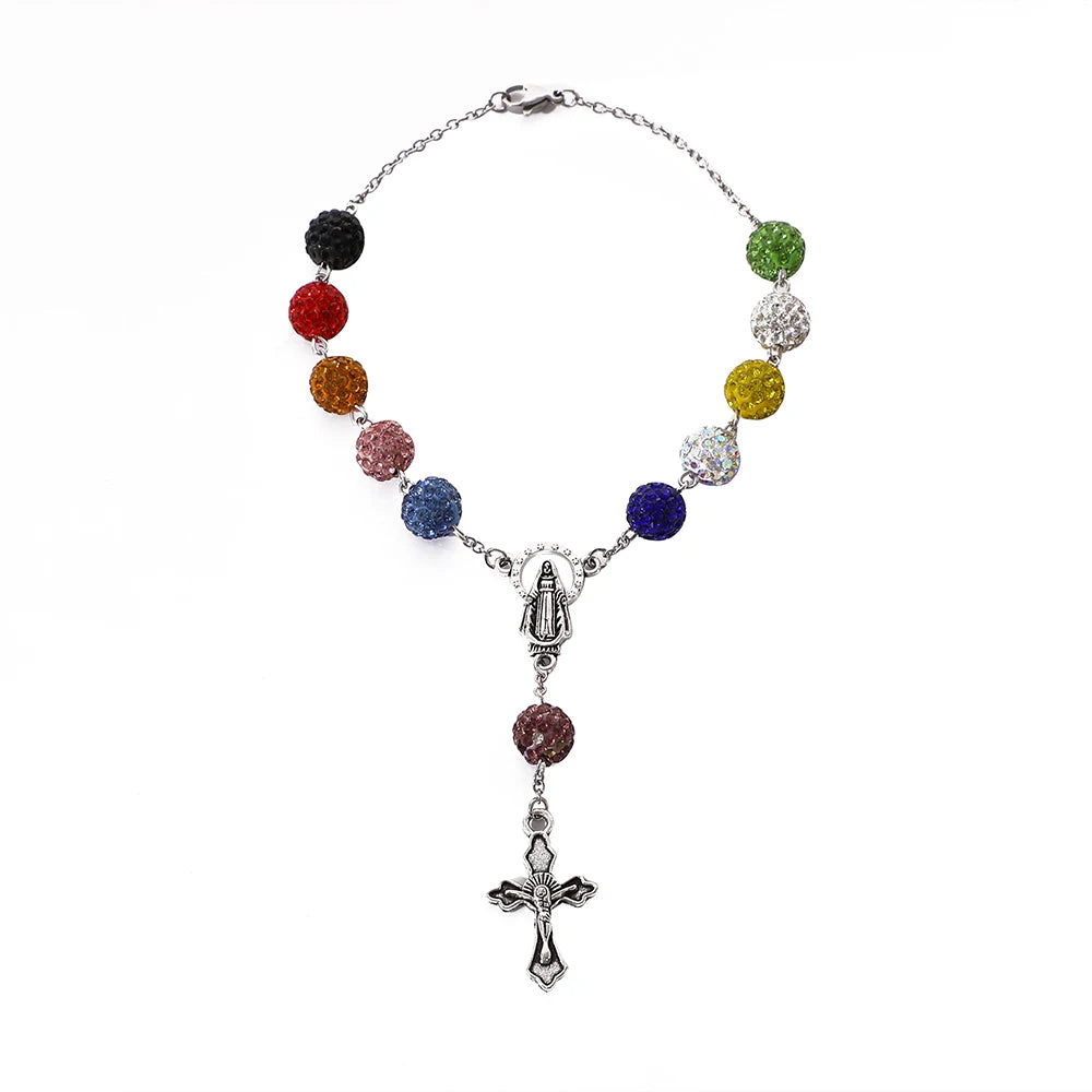 Christian Jewelry Handmade Soft Ceramic Diamond Ball Rosary with the Blessed Virgin Mary Pendant Diamond Rosary Bracelet