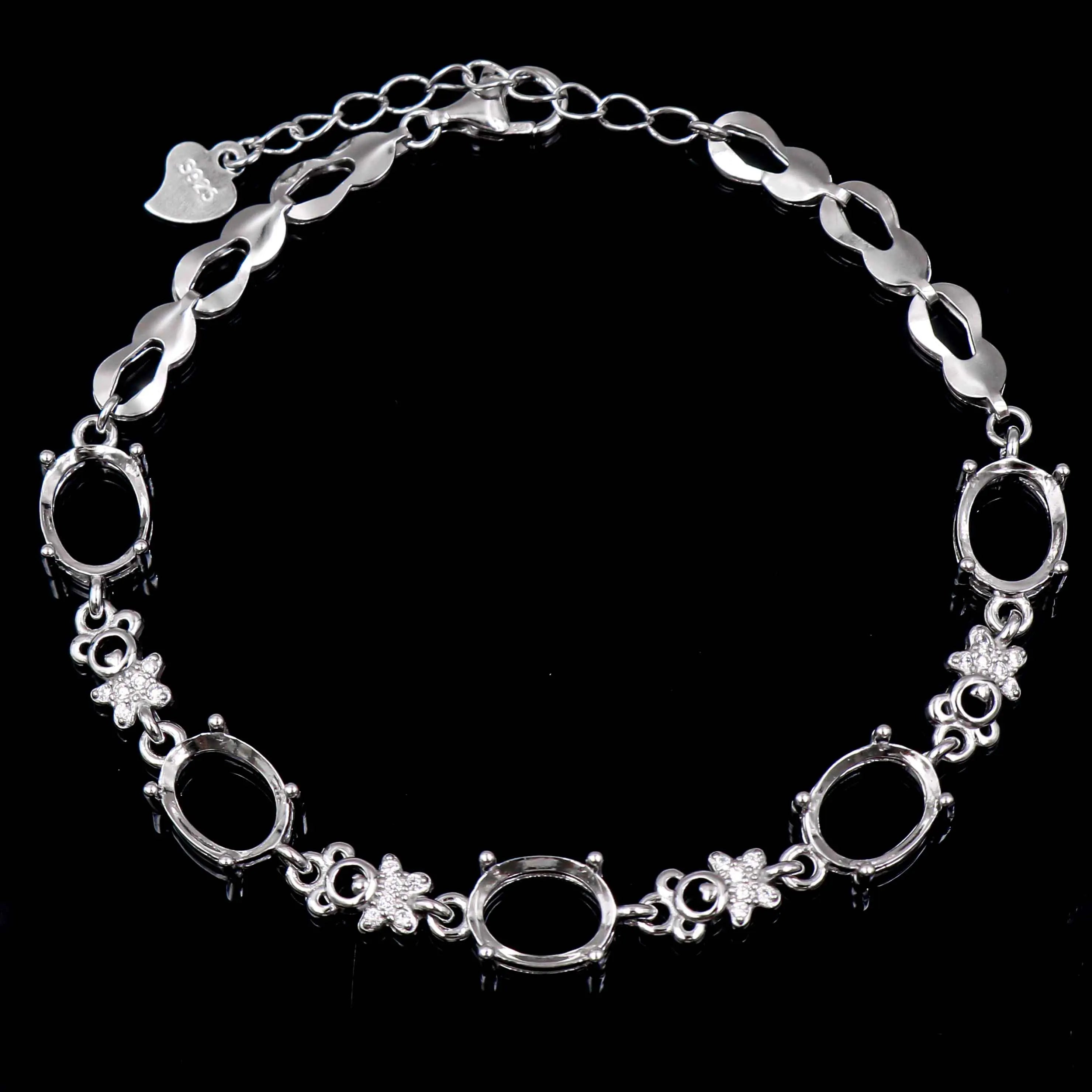 Sterling Silver 7*9mm Semi Mount Bracelet Empty Support Blank Claw Setting S925 Base Holder Without Center Stone for Inlay DIY