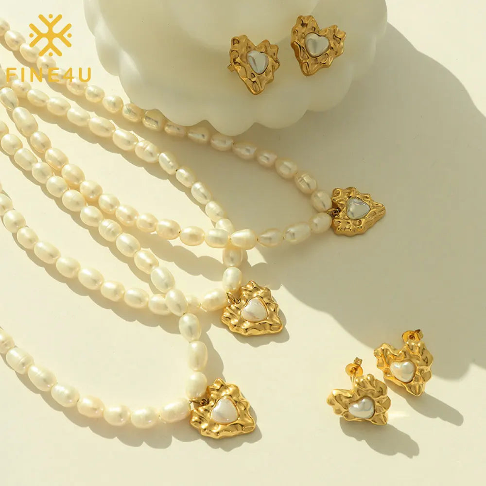 Vintage Stainless Steel Heart Shaped Pendant Necklace Earrings Fresh Water Pearl Costume Jewelry Sets 18k Gold Plated
