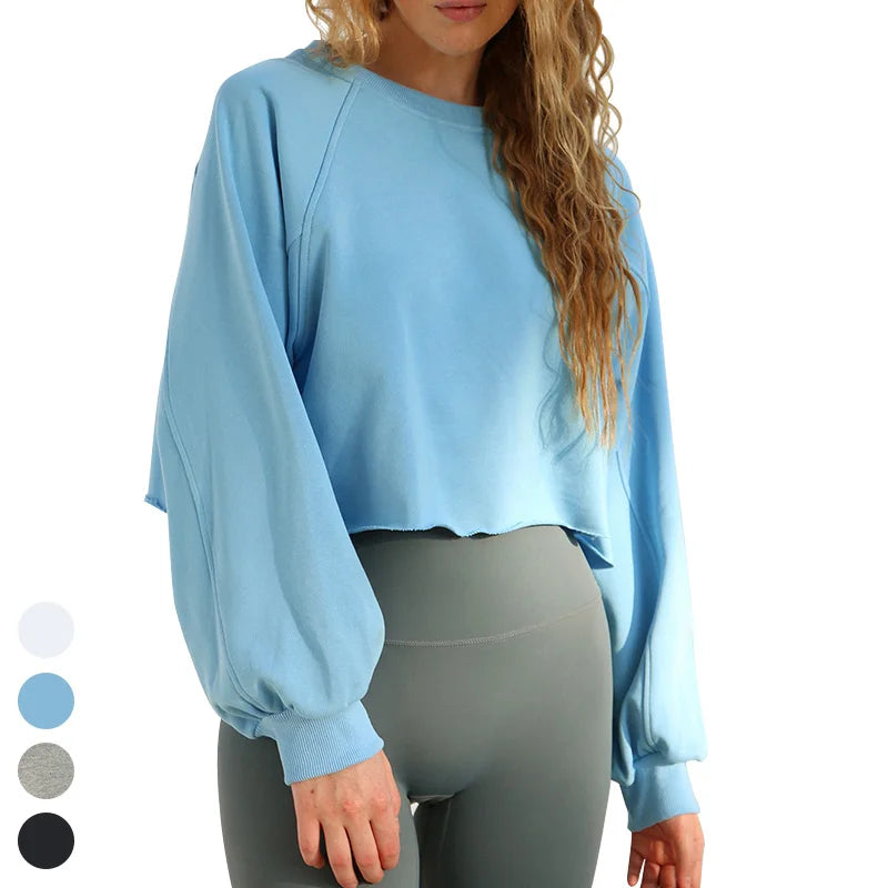Outdoor Fitness Yoga Sweater Casual Sportswear Tops Streetwear T-shirt 100% Cotton Long Sleeve Short Sport Shirt Women Crop Top