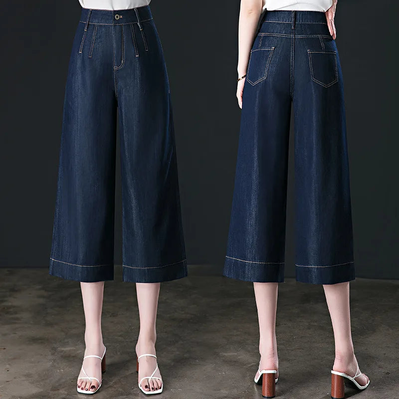 S-4XL Jeans Women's Summer Thin Section High Waist Wide Leg Pants Ice Silk Cool Dark Blue Seven or Eight Points Wide Leg Pants