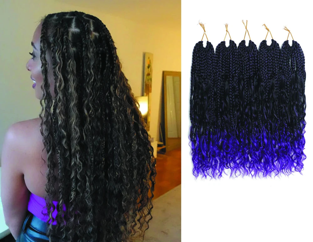 Wholesale Goddess Locs Messy Box Braids Crochet Bohemian Hair With Curly Ombre Burgundy Pre-Looped Boho River Box Braided
