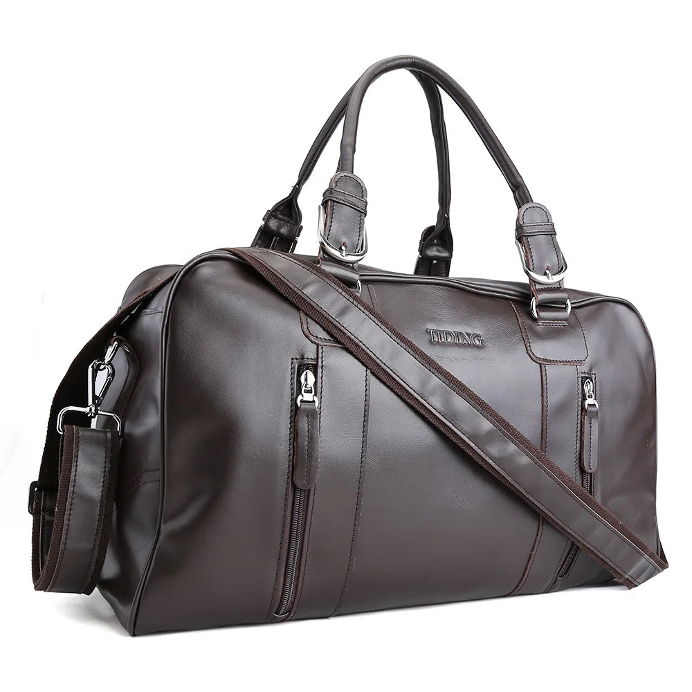 TIDING Full Grain Leather Black Cow Genuine Leather Traveling Carry on Sport Bag Waterproof Weekend Duffel Bag