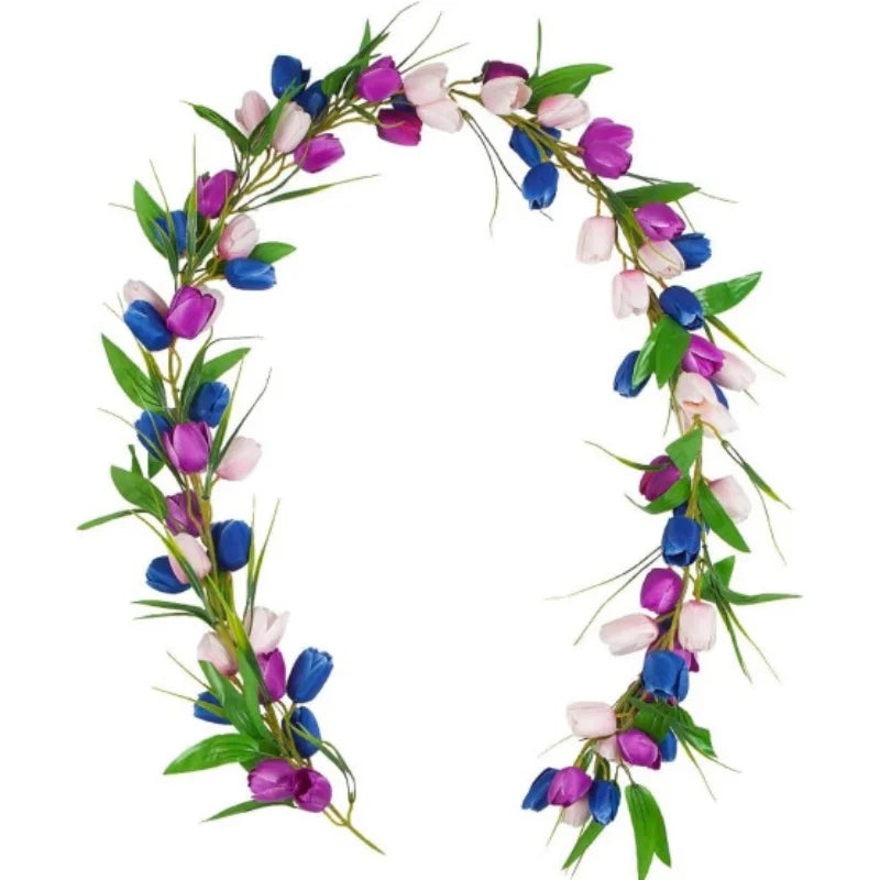 Artificial Tulip Flowers Garland with Green Leaves Wreath Flower Hanging Vines for Easter Wall Home Wedding Party Decoration