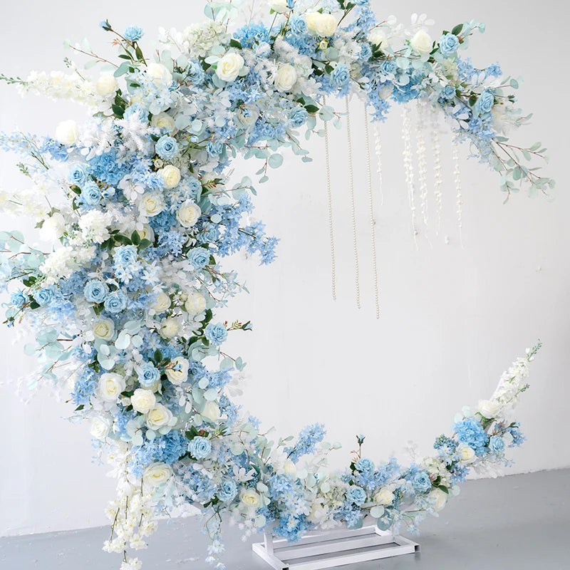 Floral Wedding Backdrop Decor Stand Blue Artificial Flowers Wedding Moon Arch Flower Wedding Decoration