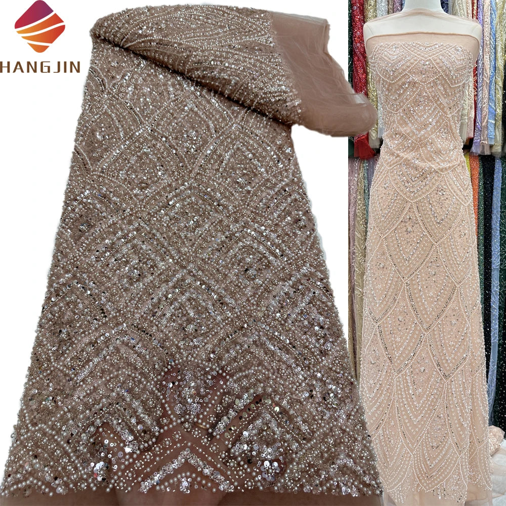 Beautiful Pearls Beaded Net Lace Fabrics Luxury Sequence Nigerian Lace Fabric Embroidery Mesh French Sequin Tulle Lace Fabric