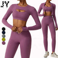 Joyyoung Wholesale Plus Size Butt Lift Women's Yoga Gym Wear Set Long Sleeve Crop Top and Leggings Set 4 Pieces Workout Set
