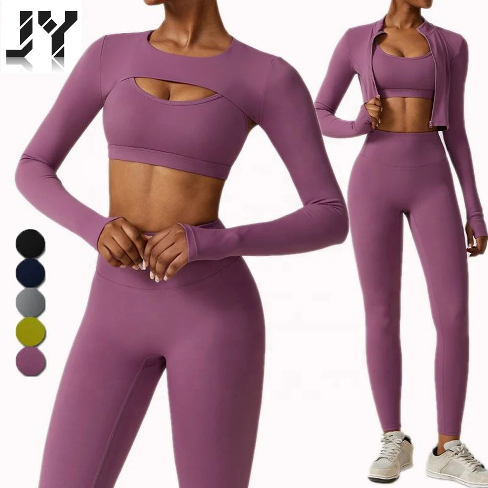 Joyyoung Wholesale Plus Size Butt Lift Women's Yoga Gym Wear Set Long Sleeve Crop Top and Leggings Set 4 Pieces Workout Set