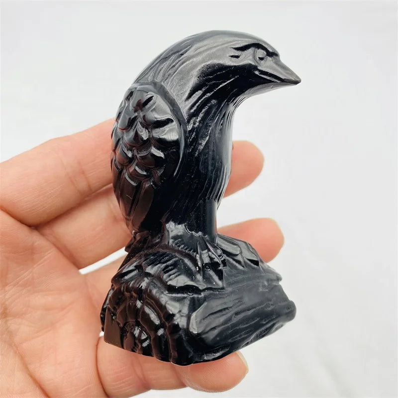 Hand Carved Natural Black Obsidian Crow Quartz Crystal Animal Crow