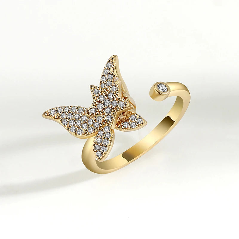 Hot Selling Resizable Diamond Butterfly Ring Luxury Women Finger Ring Gold Plated Diamond Butterfly Rings Jewelry Gifts