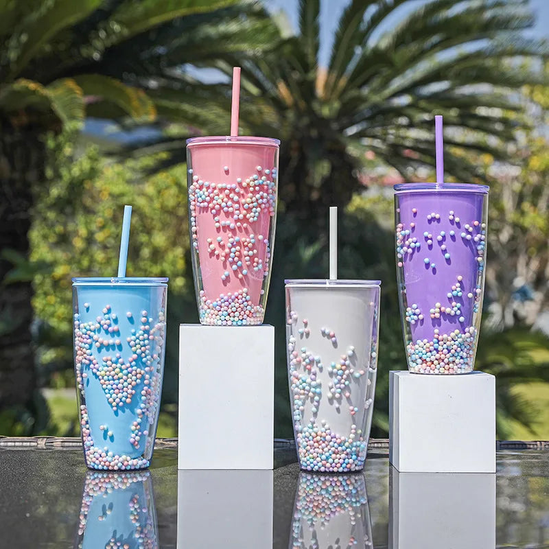 Custom Logo 710ml Coffee Mug Car Tea Cup Outdoor Water Bubble Double Wall Wholesale Bulk Plastic Tumbler with Lids and Straws