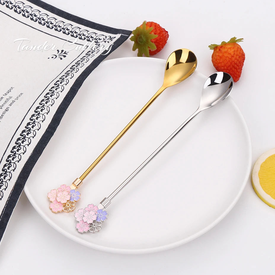 Wholesale Long Handle Creative Flower Shaped Ice Cream Stirring Spoon Stainless Steel Gold Coffee Tea Spoon Set