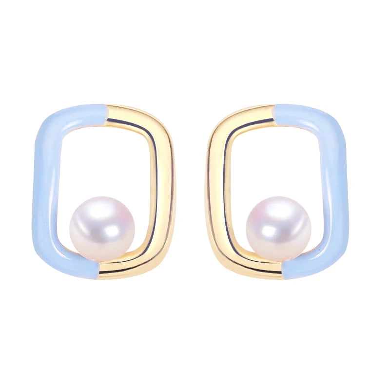2024 New 100% Genuine Natural Freshwater Pearl Stud Earrings Blue Square Women's Pearl Jewelry Wholesale