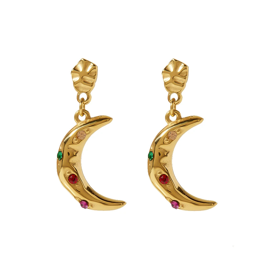Unique Design Stainless Steel 18K Gold Plated Colorful Moon Shape Cubic Zircon Stars Drop Earrings for Women